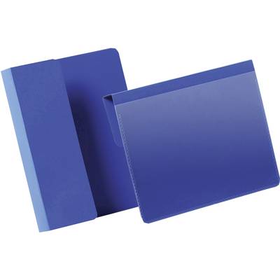 Two blue cardboard file folders, one closed and the other open, side by side on a white background.