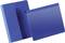 Two blue cardboard file folders, one closed and the other open, side by side on a white background.