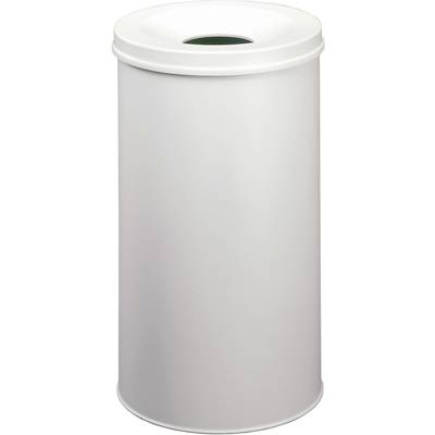A white cylindrical waste bin with a closed lid and a small insertion slot at the top. Ideal for waste disposal in indoor spaces.