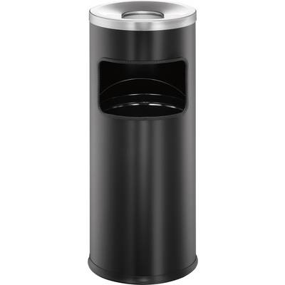 A black, cylindrical metal rubbish bin with an open disposal aperture and silver lid, suitable for public areas.