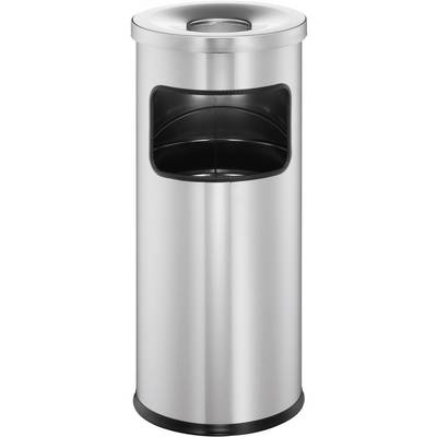 Silver-coloured waste bin with a round opening and integrated ashtray on top. Ideal for use in indoor areas.