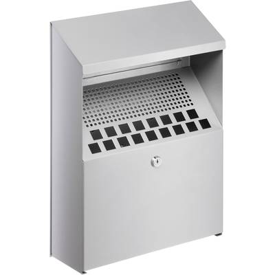 Metal wall-mounted ashtray with ventilation grille and closing mechanism, suitable for outdoor use.
