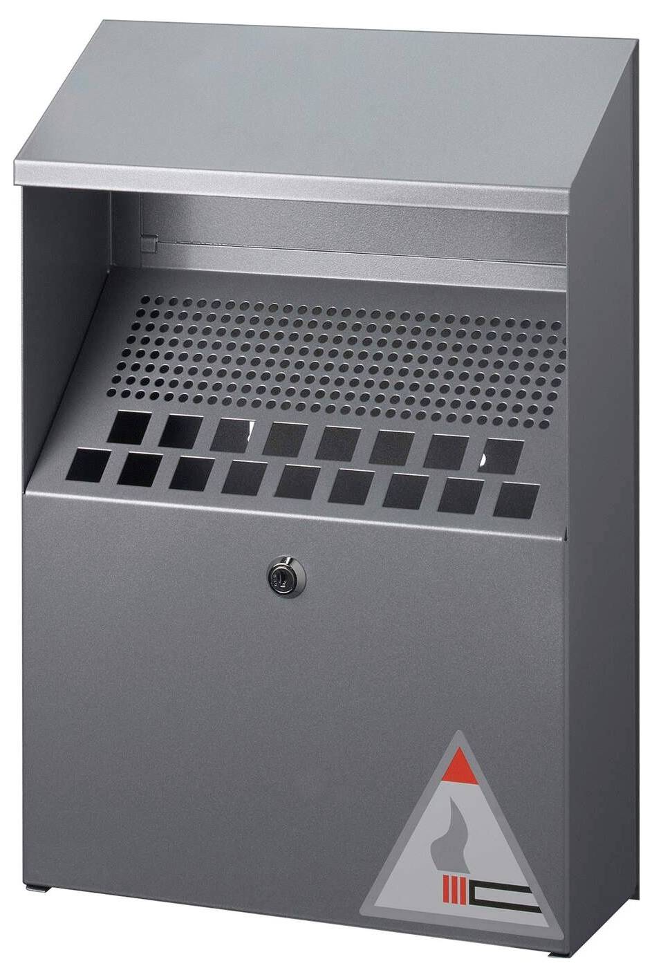 Metal outdoor ashtray with a perforated top and square openings for disposing of cigarette butts. A warning symbol is displayed on the front.