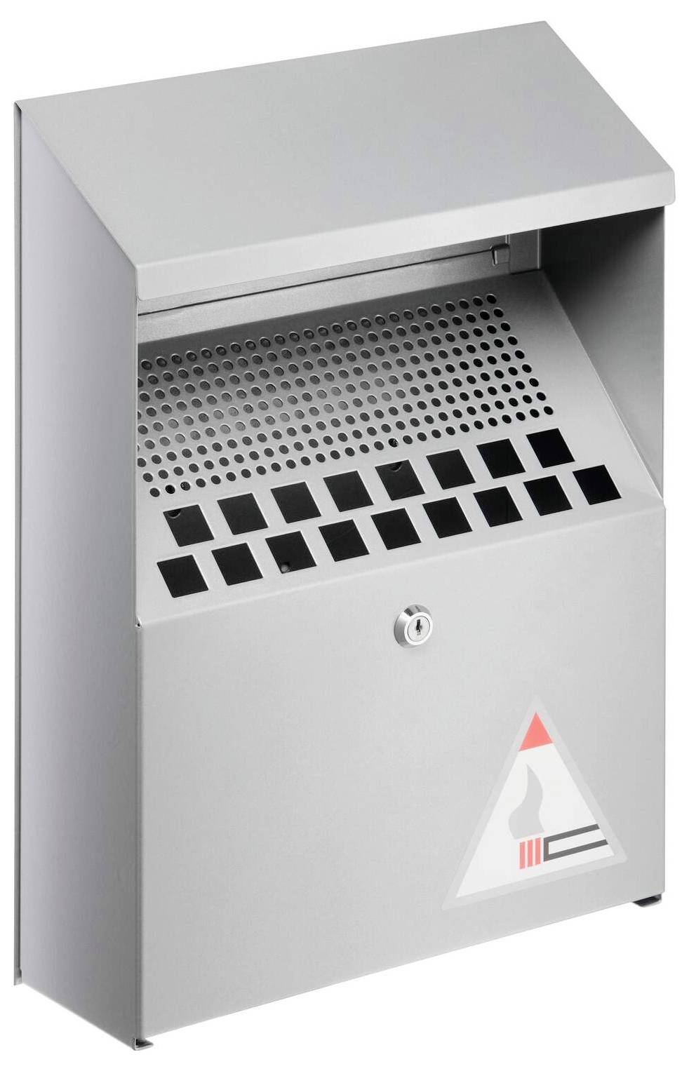 A silver wall-mounted outdoor ashtray with a perforated top for extinguishing cigarettes and a lockable compartment for waste collection.