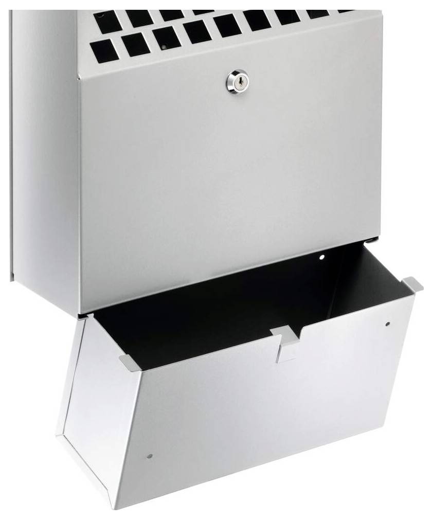 A rectangular metal container with an upper section with vent holes and a lower section with an open hatch, secured with a lock.