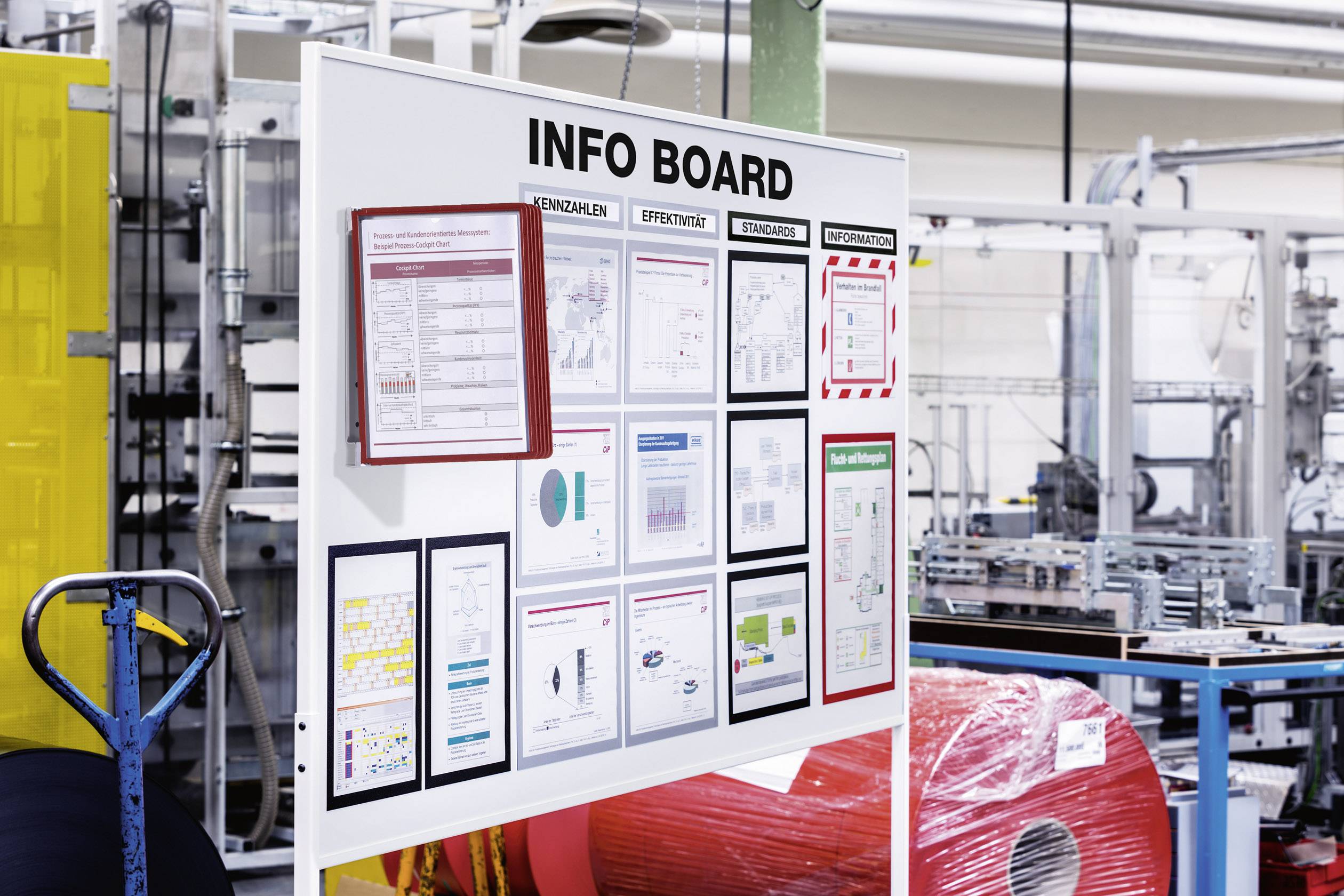 An information board in a factory, containing various documents and diagrams, including safety regulations and process overviews.