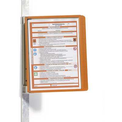 Orange-framed operating instruction mounted on the wall, with safety instructions and pictograms for the safe use of equipment.