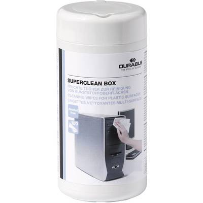 Cleaning wipes, packaged in a container, for plastic surfaces. Contains 100 alcohol-free wipes. Suitable for computer cases.