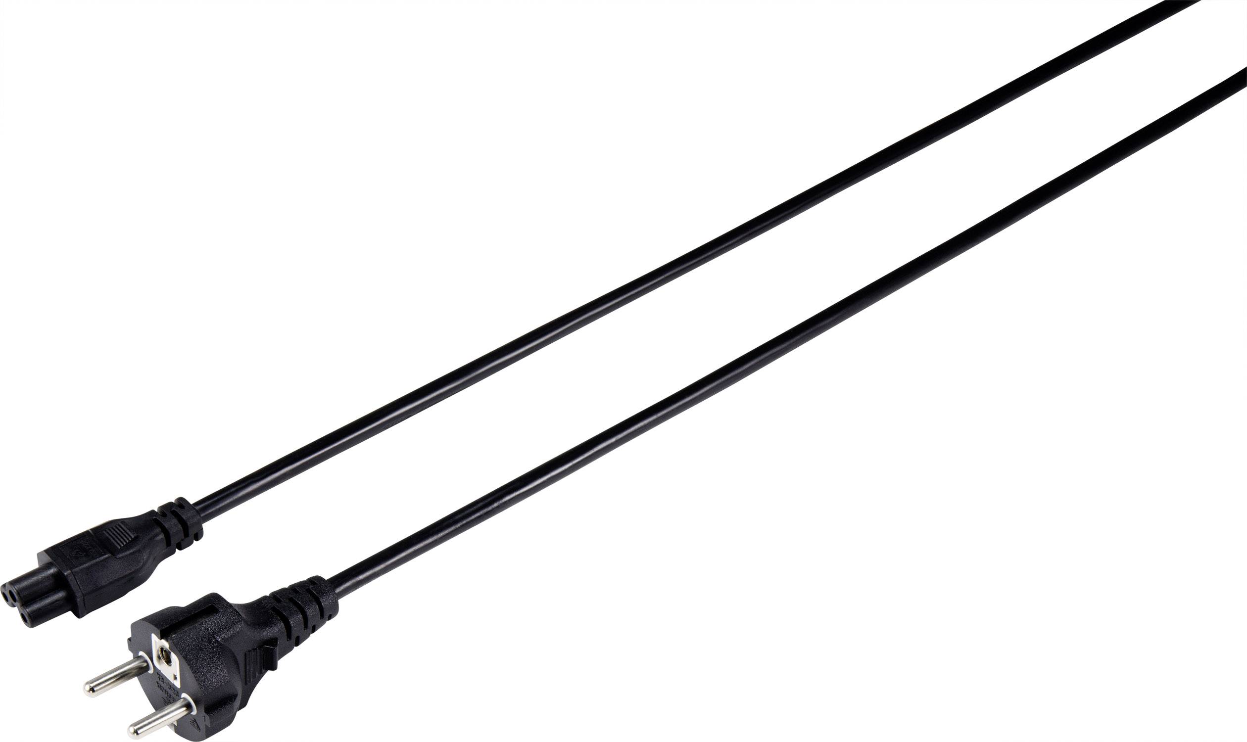 A black network cable with two plugs at each end, suitable for European power sockets, on a white background.