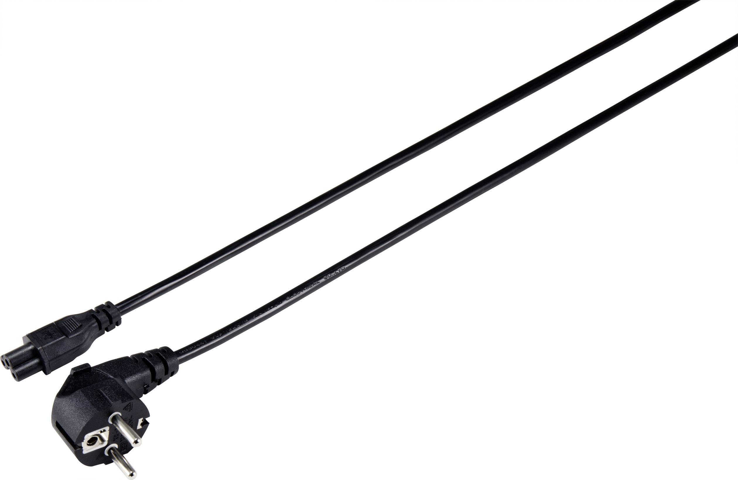 A black network cable with a European plug and a cold device connector (C13). Suitable for electronic devices.