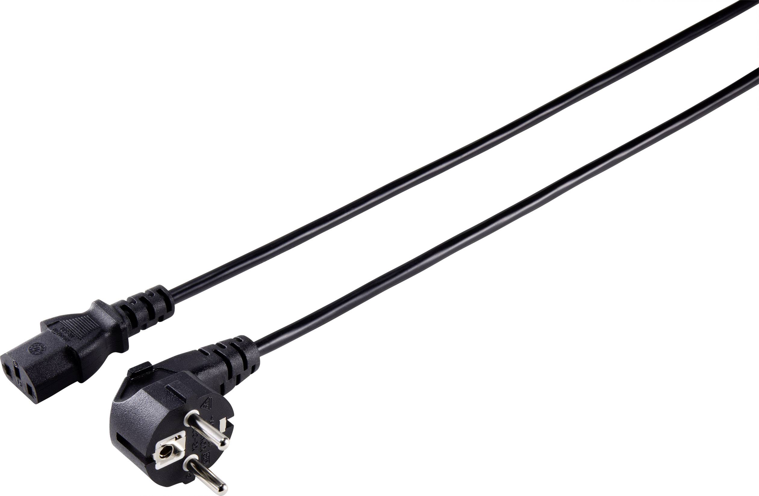A black network cable with a Schuko plug on one end and an IEC connector on the other lies on a white background.