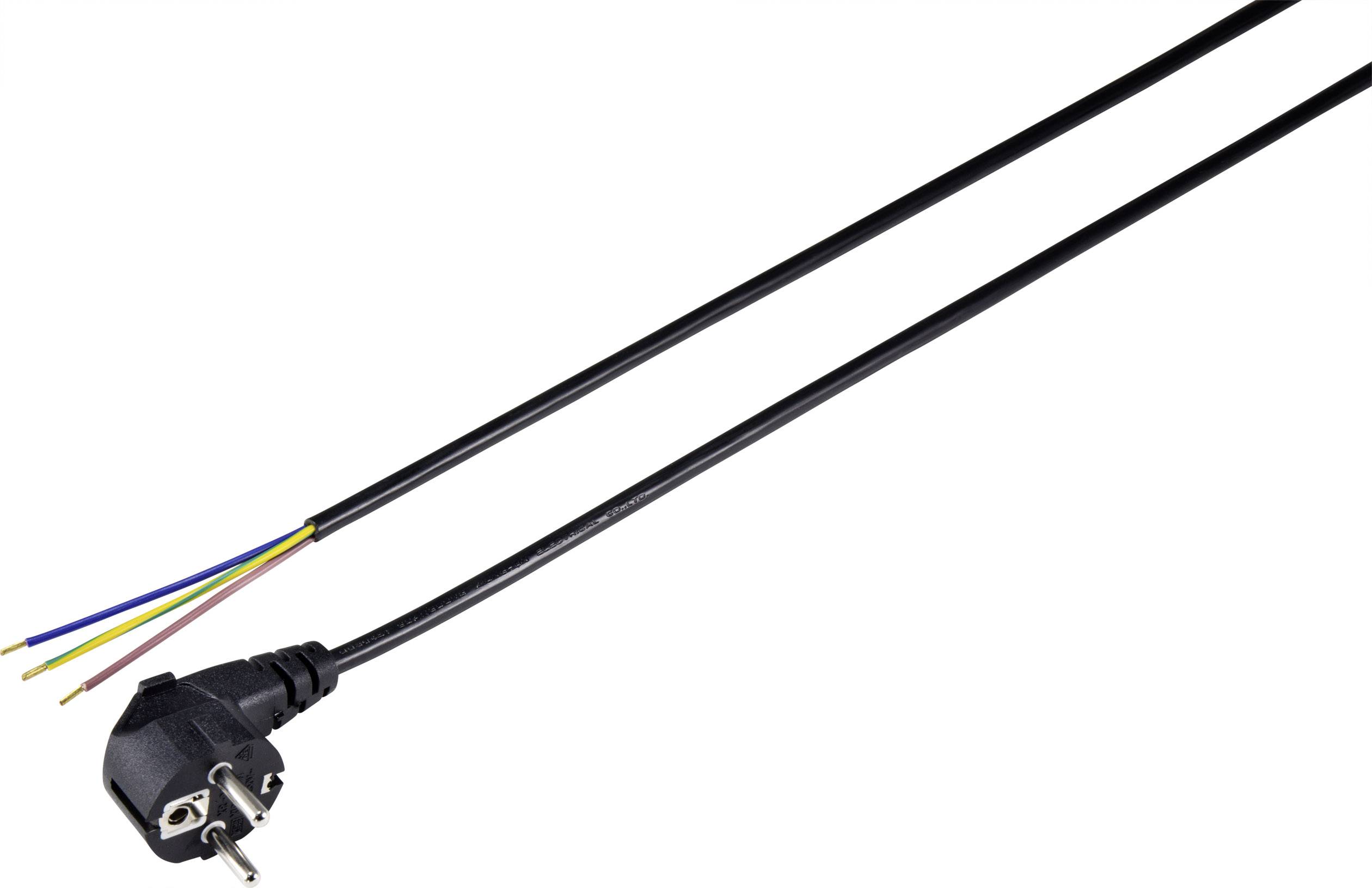 A power cable with a European plug on the left and three stripped wires in brown, blue, and yellow-green colours on the right.