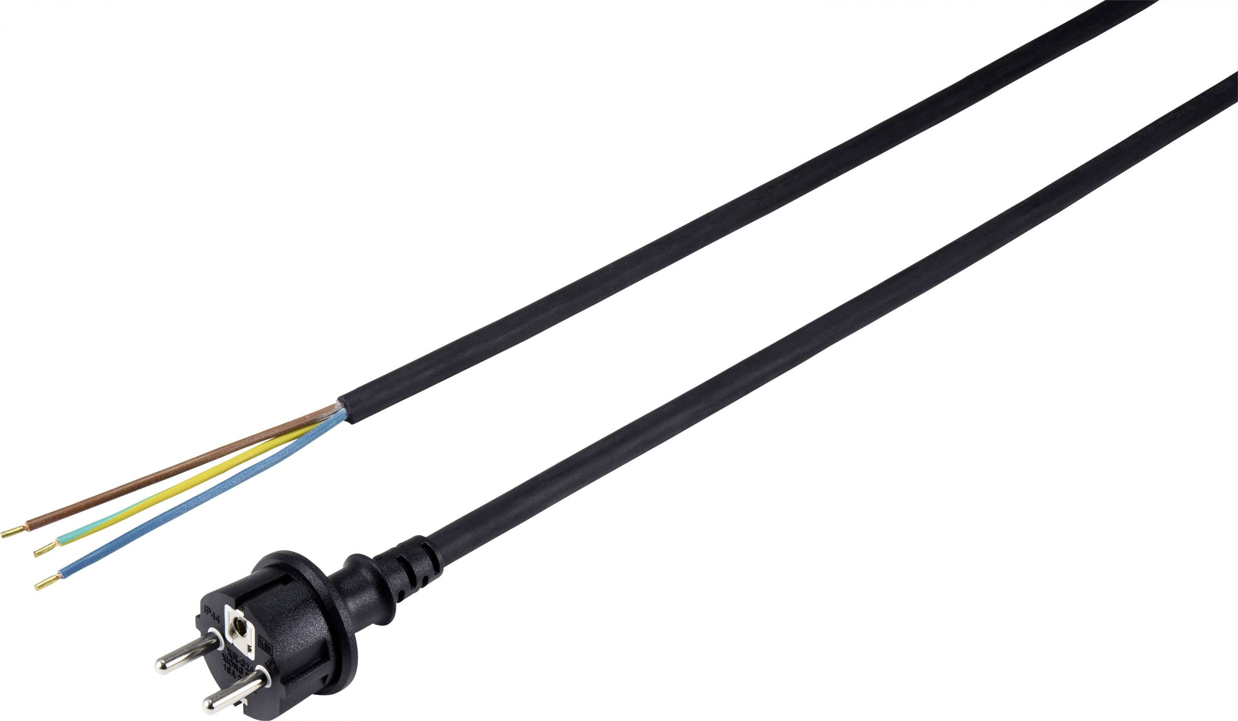 A black mains cable with a Schuko plug and three stripped cores in brown, blue and green-yellow for wiring.