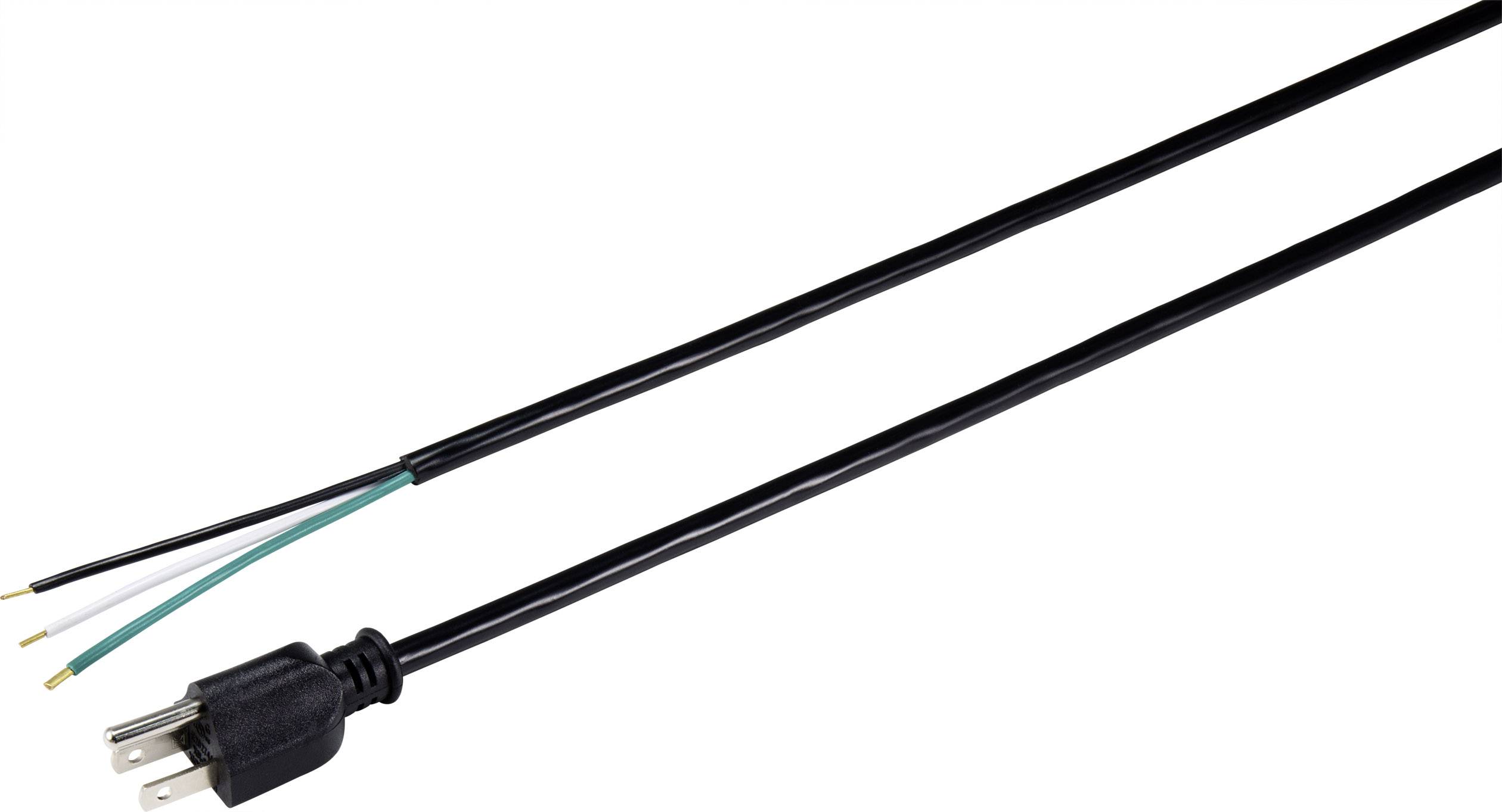 A black electrical cable with a plug and three exposed wires in white, green and black colours.