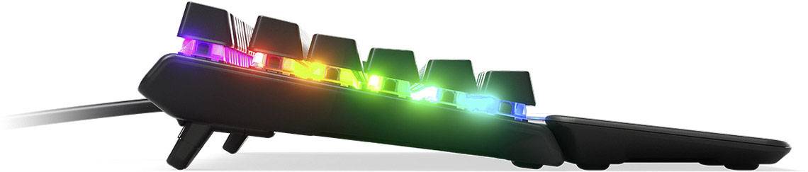 Side view of a mechanical keyboard with floating keys and colourful RGB lighting.