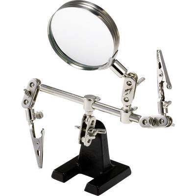 Soldering assistance with adjustable clamps and magnifying glass on a metal stand, used for precision work such as soldering electronic components.