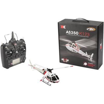 A remote-controlled model helicopter 'AS350 K123' next to a remote control and the packaging depicting the helicopter.