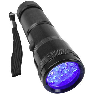 Black UV torch with blue LED lights and a black hand strap on the handle.