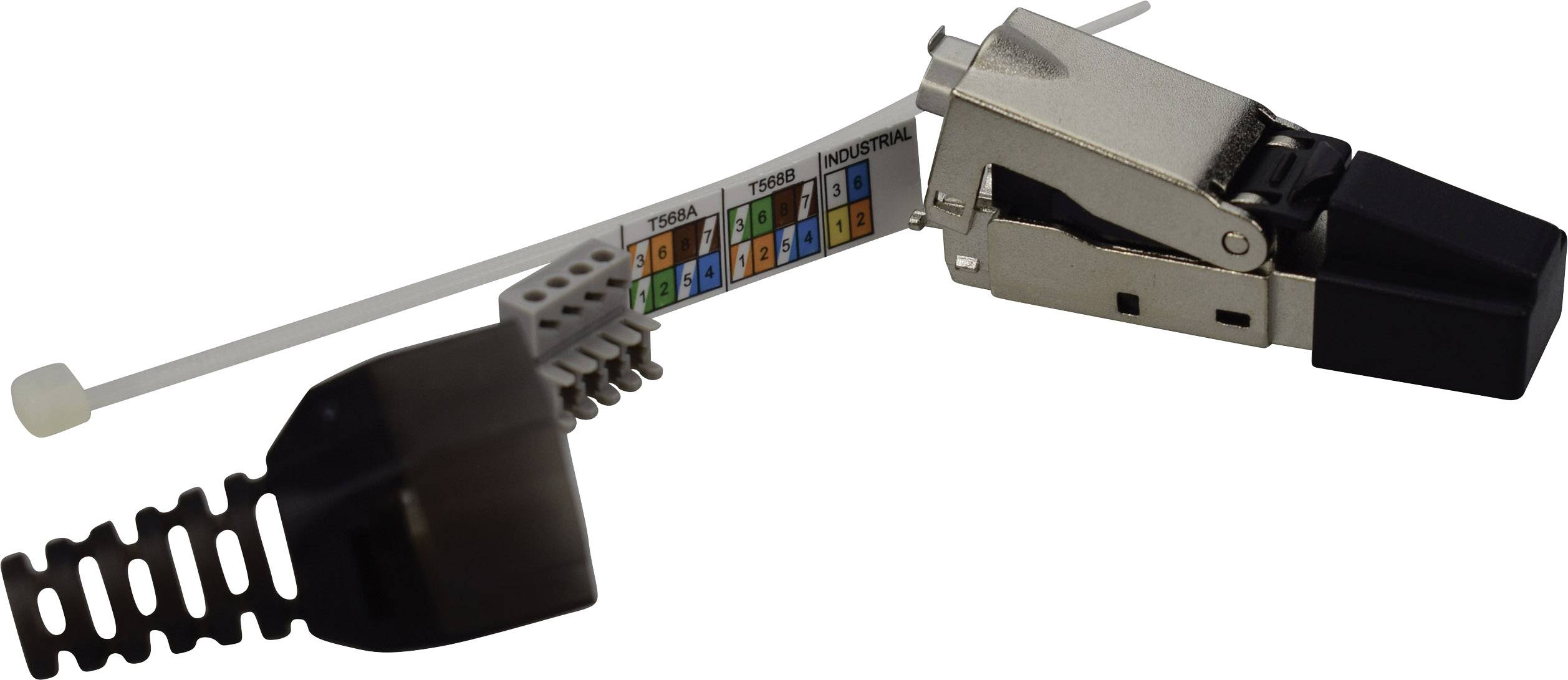 Pictured is a modular RJ45 plug, partially dismantled, with a colour-coded diagram for network cable wiring.