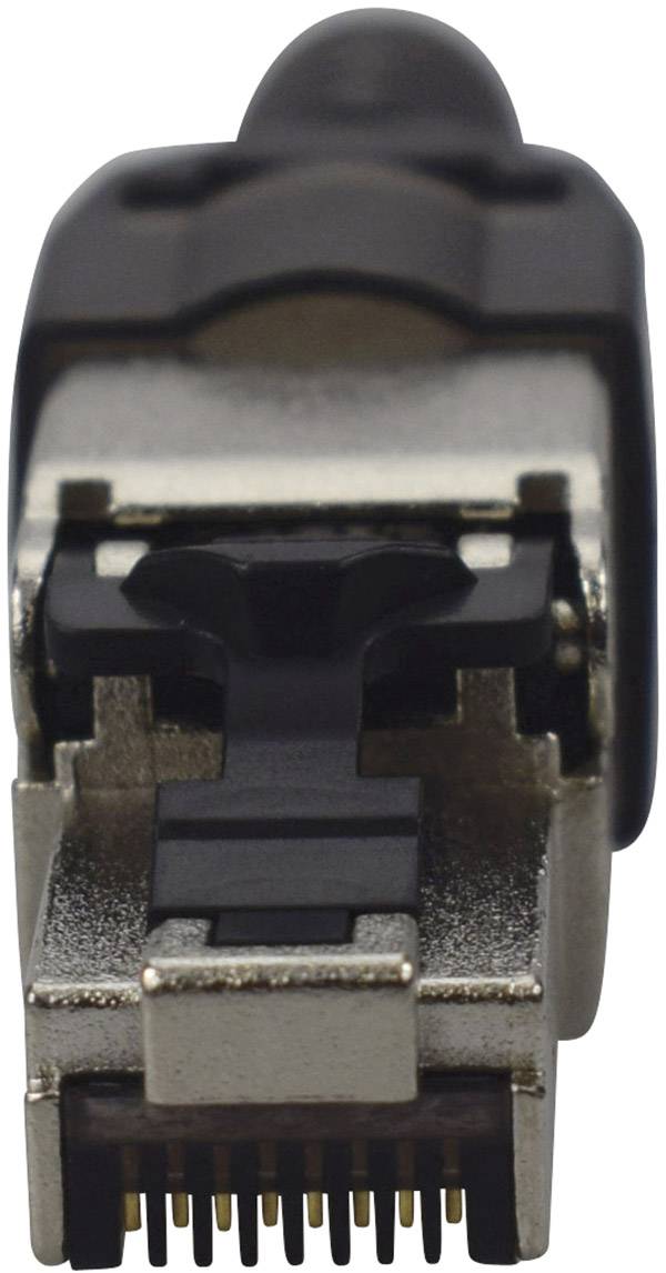 Close-up of an RJ45 connector with plastic locking mechanism. Suitable for connecting network cables for Ethernet connections.