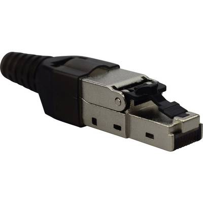 A metallic RJ45 plug with plastic sheathing and a locking clip, used for Ethernet connections.