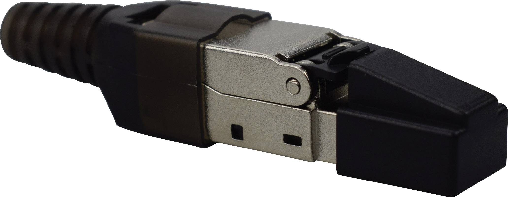 A black connector with a rectangular metal housing and locking mechanism, commonly used for network connections.