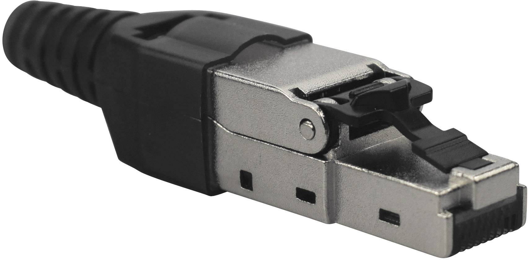 A metallic RJ45 plug with a black handle, suitable for network connections in IT and telecommunications applications.