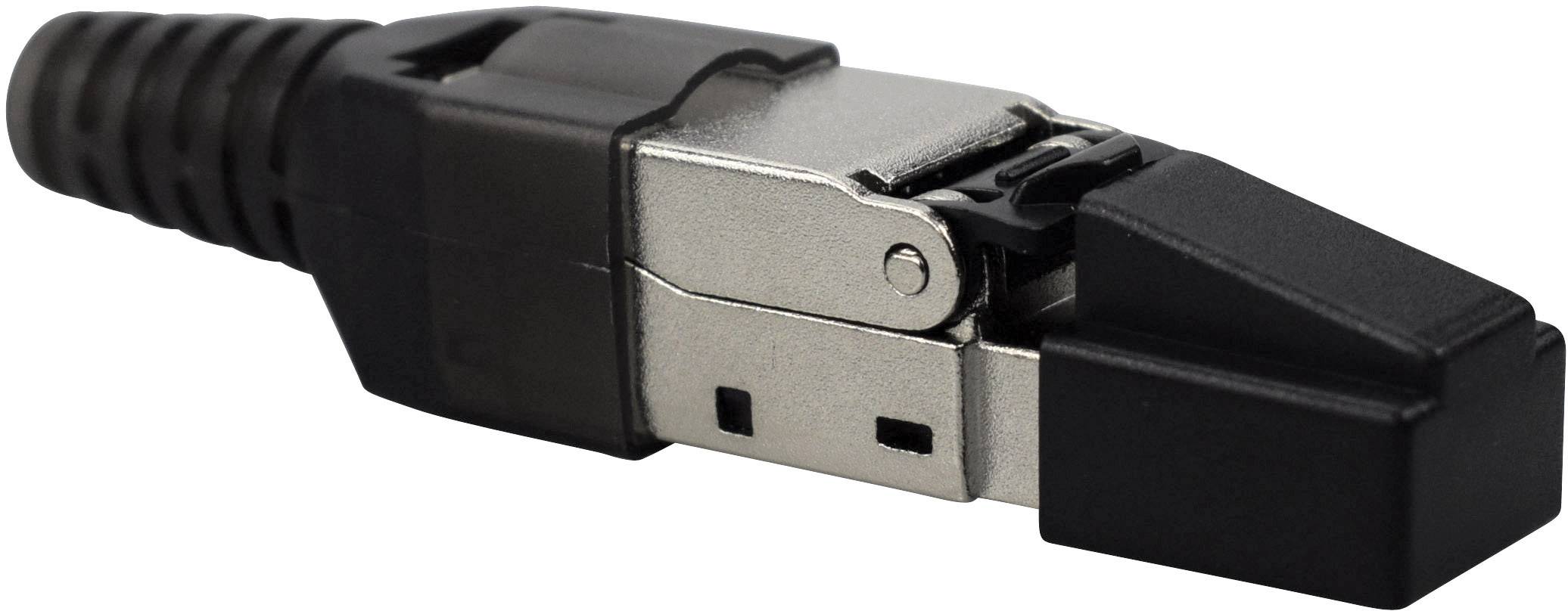 A black RJ45 plug with metal shielding, commonly used for Ethernet cables.