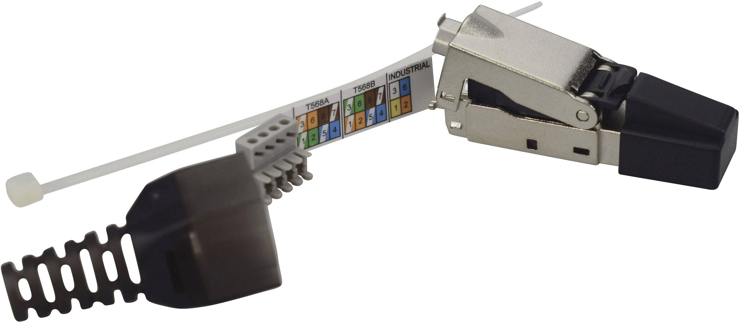 RJ45 connector with tool-free design, metal housing, and integrated colour codes for straightforward cable installation.