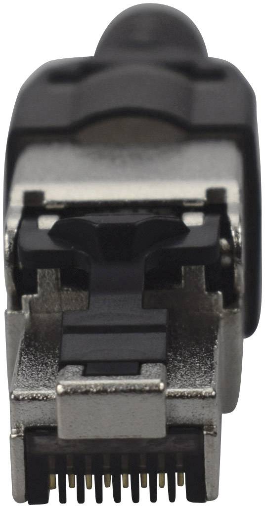 A metal and plastic RJ45 plug, viewed from above with visible contacts, suitable for connecting network cables.