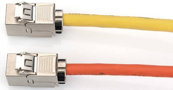 Two Ethernet cables with metallic connectors: one yellow and one orange cable. They are lying parallel on a white background.