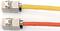 Two Ethernet cables with metallic connectors: one yellow and one orange cable. They are lying parallel on a white background.