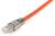 A red network cable with a silver plug lies on a white background, ready for data transmission.
