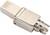 An RJ45-SFP adapter, metallic with a rectangular body and round connectors, is used to connect network devices.