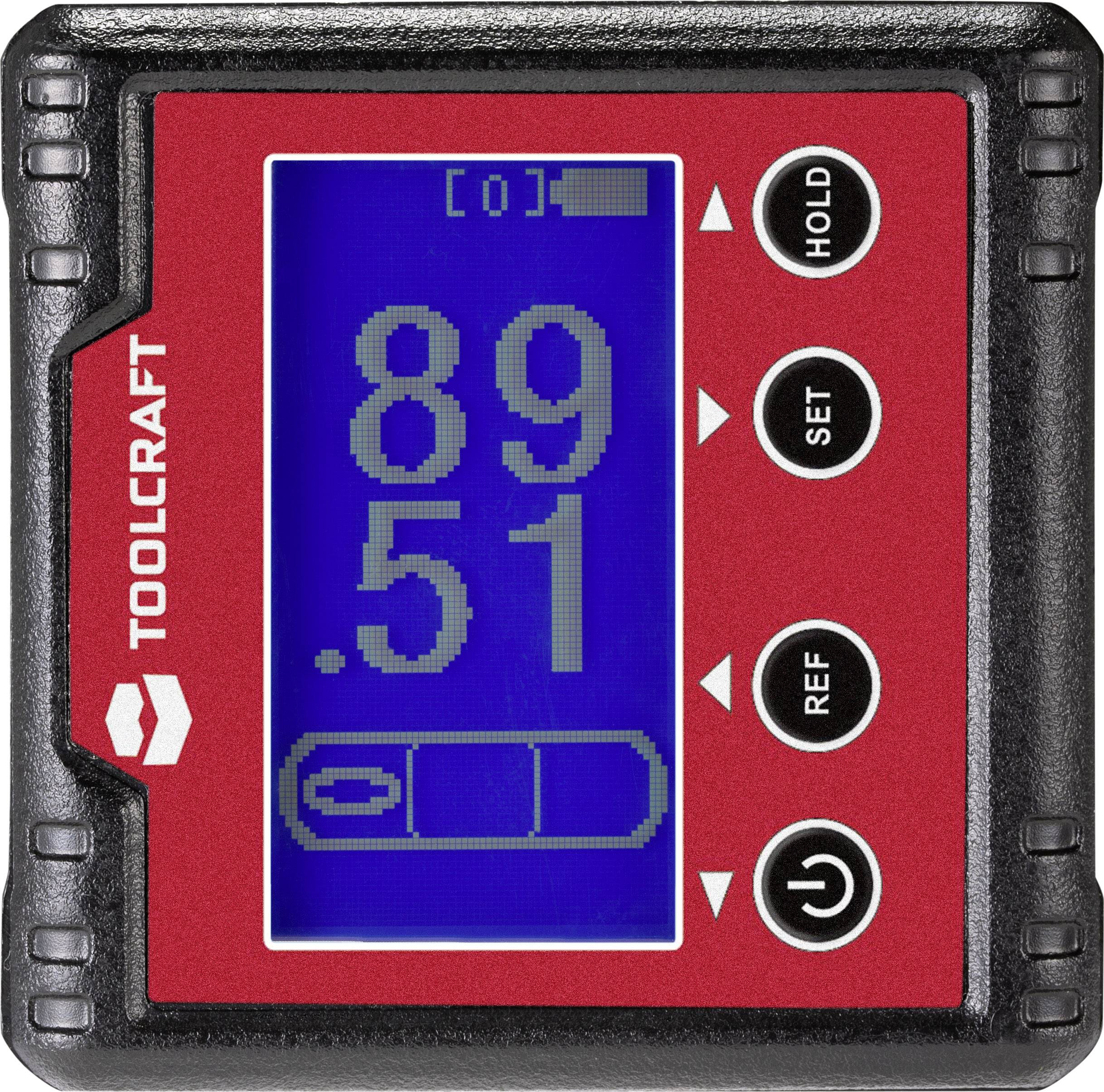 An electronic protractor displays a measured angle of 89.51 degrees, surrounded by control buttons for 'Hold', 'Set', and 'Ref'.