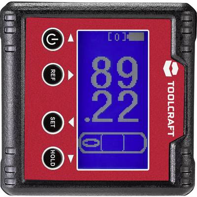 Digital angle gauge with a red casing and blue display, showing '89.22' degrees. Buttons for on/off, reference, set, and hold.