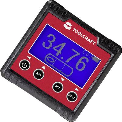 'Toolcraft' digital inclinometer with blue display shows an angle of 34.76 degrees. Buttons for reference, set and hold.