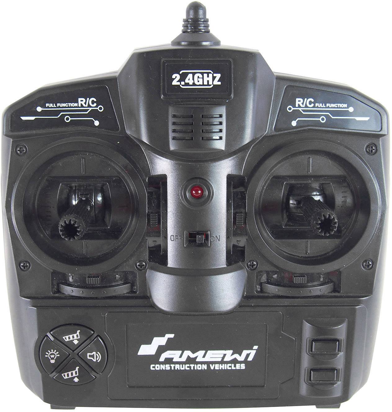 Remote-controlled controller with two joysticks and various buttons for controlling construction vehicles. Inscription: 'Amewi Construction Vehicles'.