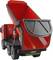 A red toy tipper truck with an open tipping body is shown from a side perspective.
