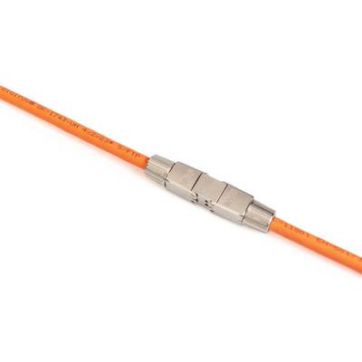 'An orange cable with a metallic connector in the middle, connecting two cable ends.'
