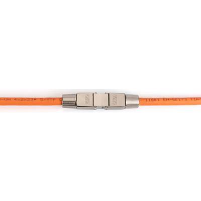 An orange network cable with a metal connector in the middle, bearing the word 'Canare' twice.