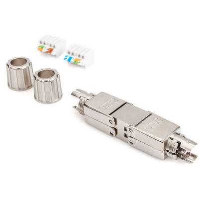 Connectors and two metal caps for network cabling. In the background, two cable clips with colour-coded wires.<br><br>Note: I have used the British spelling of "colour" instead of the American "color", as requested for British English translation.