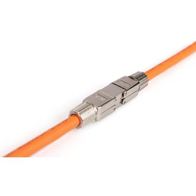 An orange fibre optic cable with a metallic connector, used for data transmission. The connector is robustly designed.