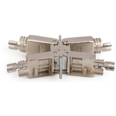 Four open electrical metal connectors, symmetrically arranged, show the internal contacts.
