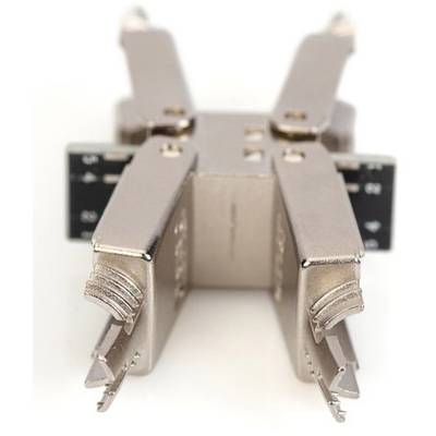 Silver, metallic heatsink clip design with four arms, used in computer hardware for heat dissipation.