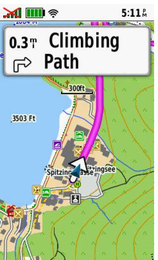 Map with highlighted route running alongside the lake on the left. Arrow points to 'Spitzingsee'. 'Climbing Path' turning off in 0.3 miles.