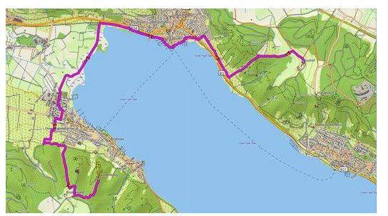 Map of Lake Geneva showing a route marked in pink, illustrating the lakeside paths and surrounding landscapes.