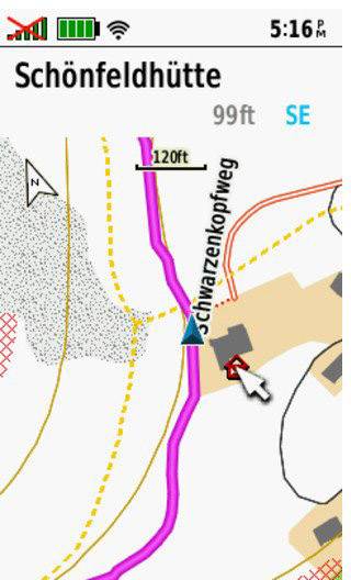 Map of the Schönfeldhütte with elevated view, route in pink, directional arrow pointing south, height 99ft, orientation arrow indicating north-west.