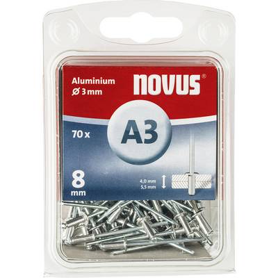 'Pack of 70 Aluminium Rivets by Novus, Size A3, Diameter 3 mm, Length 8 mm. Contains rivets for holes of 4.0 mm and 5.5 mm.'