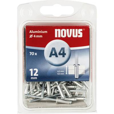 Package of 70 Aluminium Blind Rivets by Novus, A4 size, 4 mm diameter, 12 mm shaft length, suitable for drill holes of 6.5 mm and 8.5 mm.